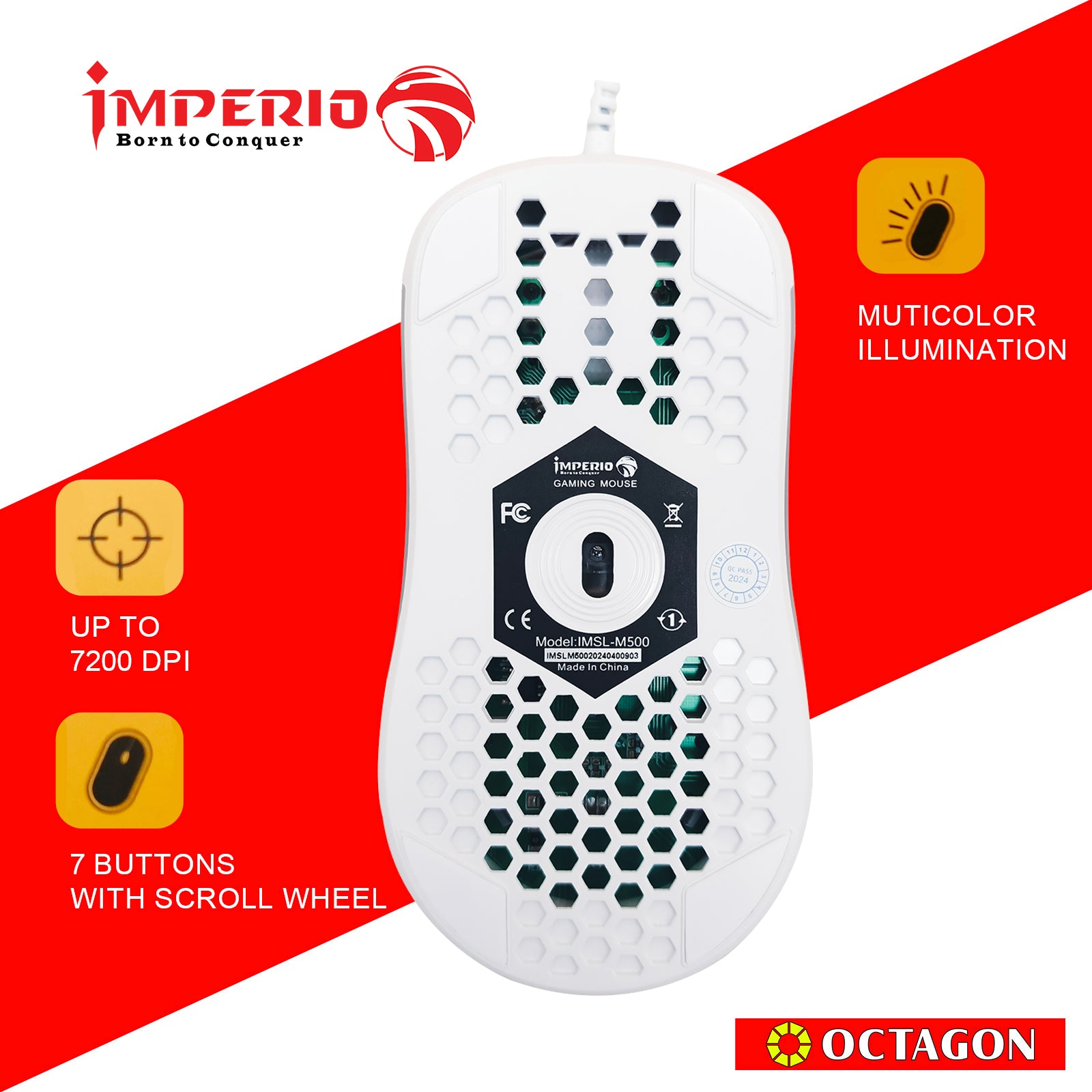 IMPERIO IMSL-M500-WH 7200DPI/7-BUTTON RGB 725C+MCU WIRED GAMING MATTE PAINT WHITE MOUSE