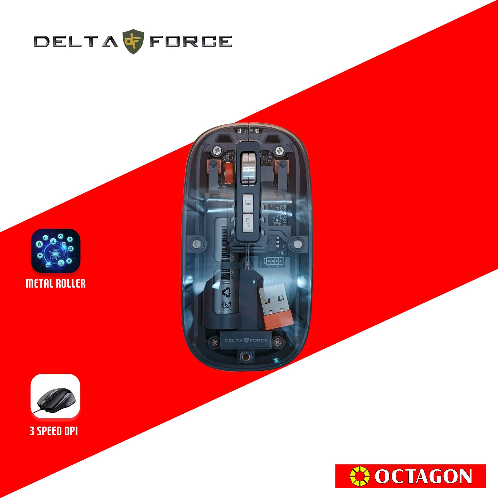 DELTA FORCE GWM233 BLACK 5BUTTON TRANSPARENT WIRELESS MOUSE 1600DPI