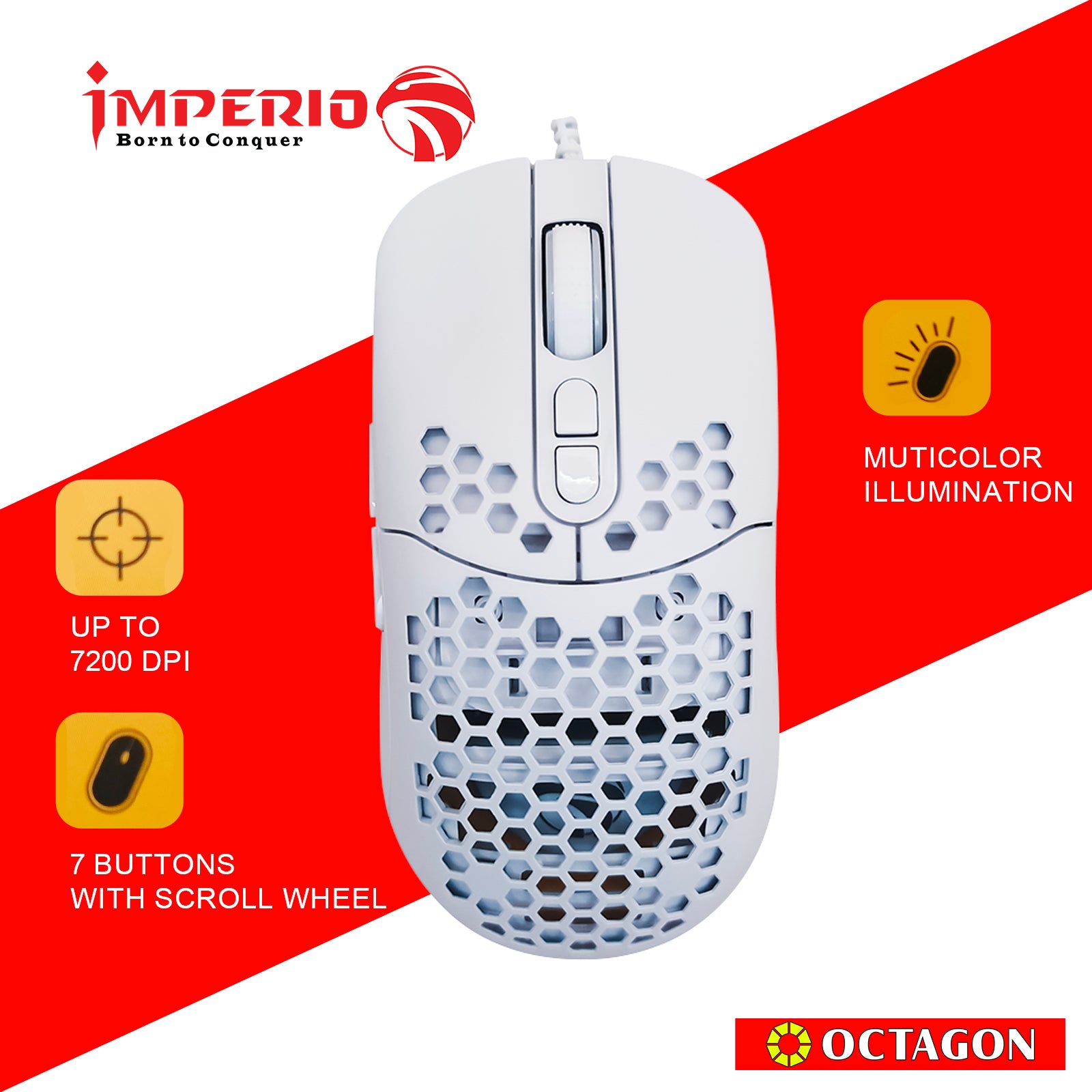 IMPERIO IMSL-M500-WH 7200DPI/7-BUTTON RGB 725C+MCU WIRED GAMING MATTE PAINT WHITE MOUSE