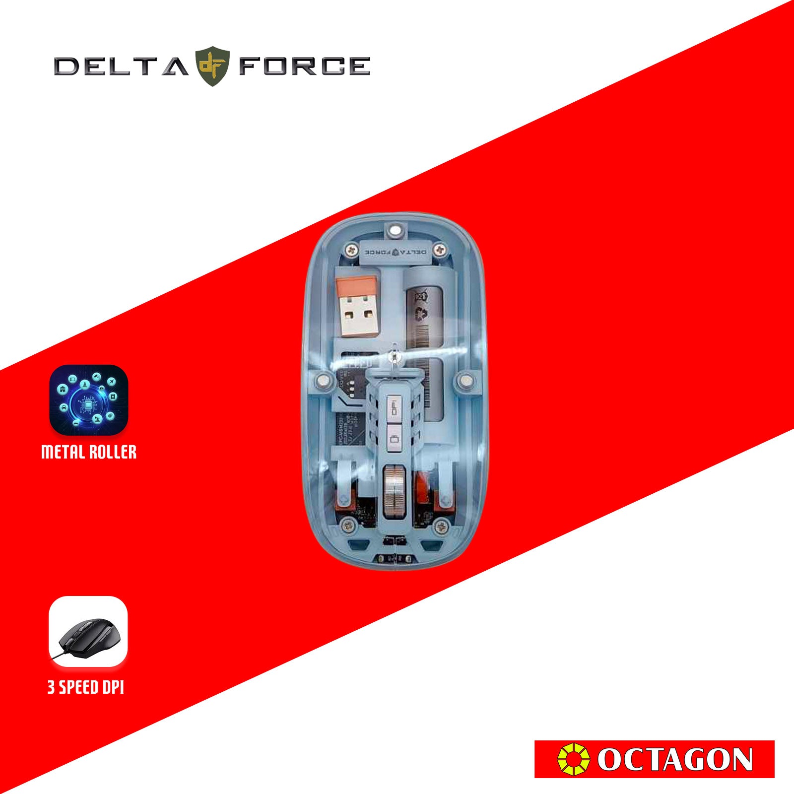 DELTA FORCE GWM233 BLUE 5BUTTON TRANSPARENT WIRELESS MOUSE 1600DPI