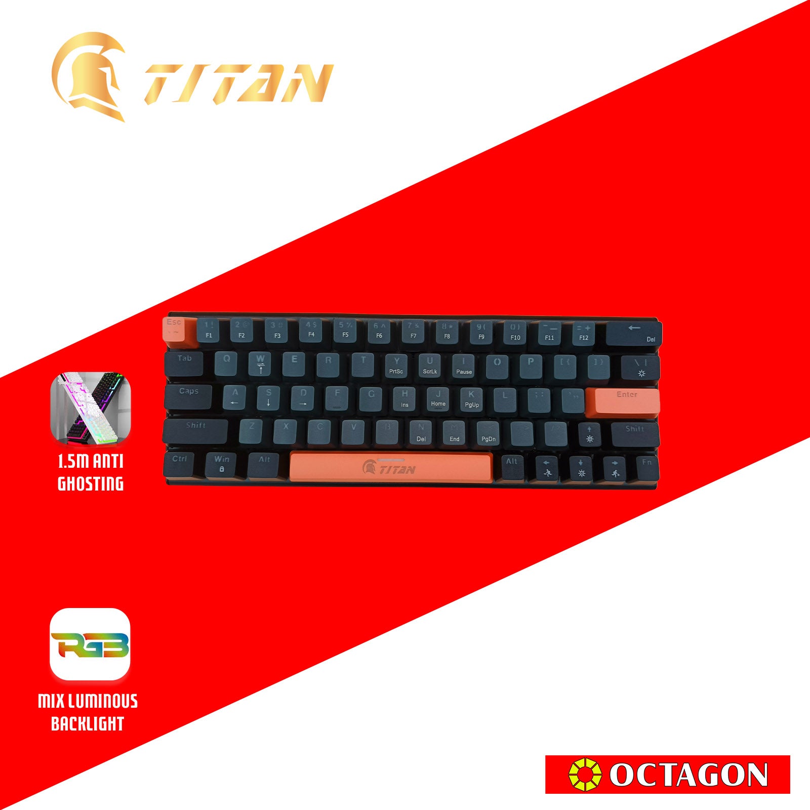 TITAN TKD-831A BACKLIGHT USB MECHANICAL GAMING 64% COMPACT KEYBOARD LUMINOUS MODE 61/64 KEYS