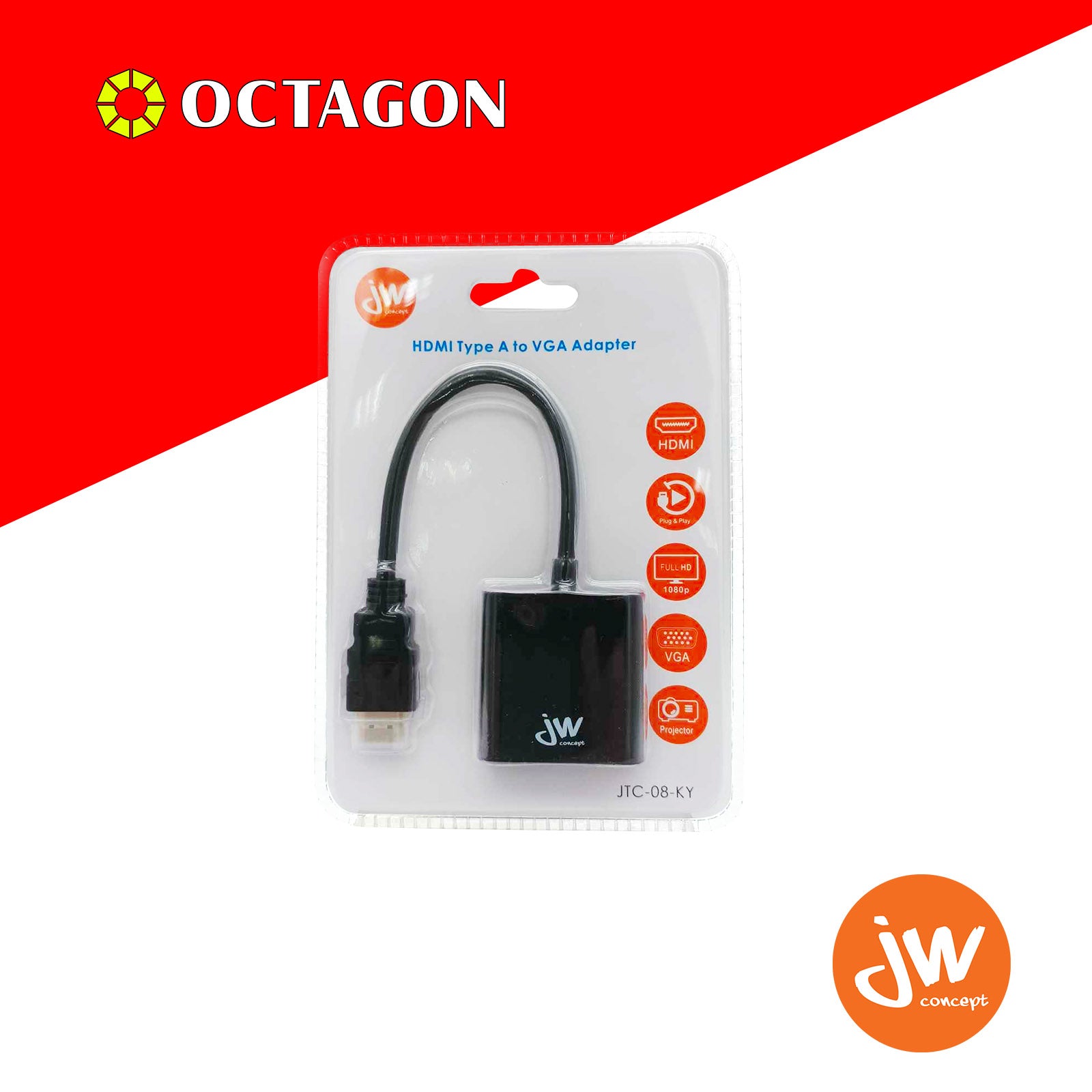 JW JTC-08-KY HDMI TYPE-A MALE TO VGA FEMALE BLACK ADAPTER