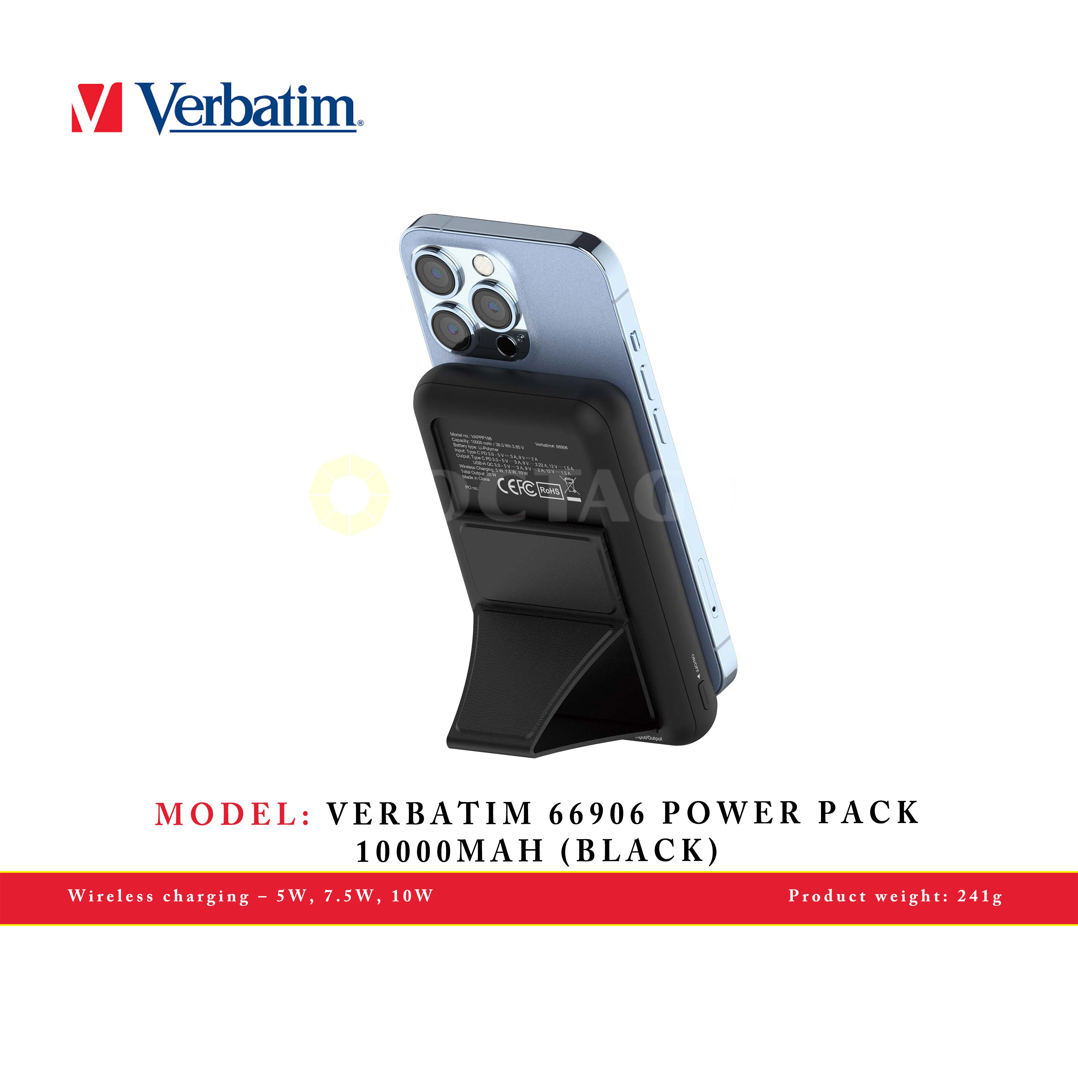 VERBATIM 66906 POWER PACK 10000MAH MAGNETIC WIRELESS CHARGING (BLACK)