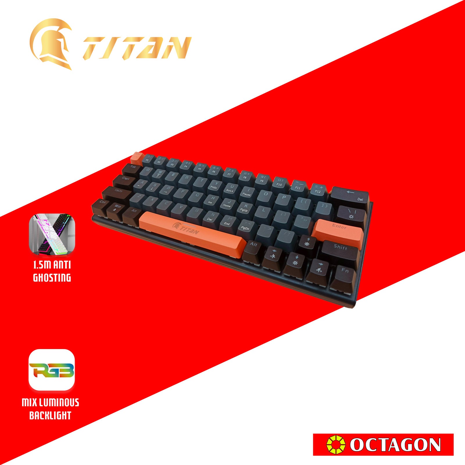 TITAN TKD-831A BACKLIGHT USB MECHANICAL GAMING 64% COMPACT KEYBOARD LUMINOUS MODE 61/64 KEYS