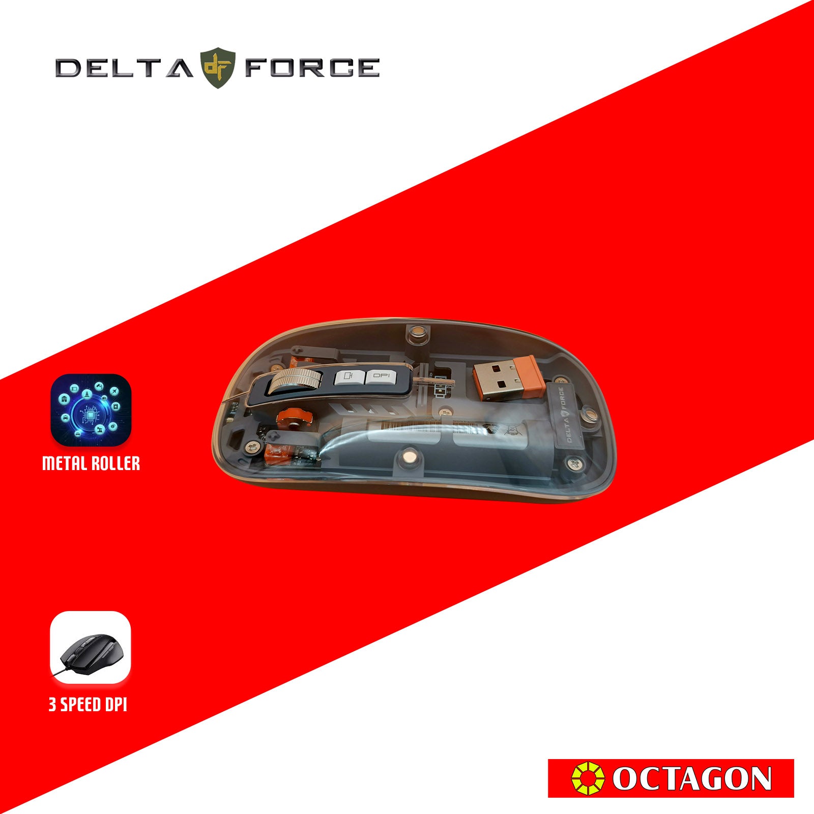 DELTA FORCE GWM233 BLACK 5BUTTON TRANSPARENT WIRELESS MOUSE 1600DPI