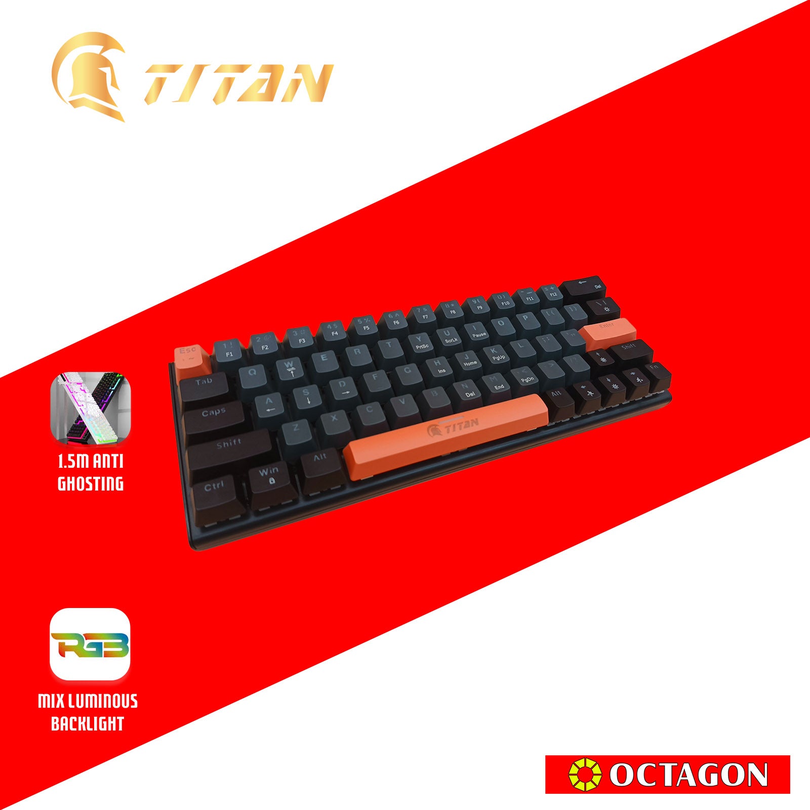 TITAN TKD-831A BACKLIGHT USB MECHANICAL GAMING 64% COMPACT KEYBOARD LUMINOUS MODE 61/64 KEYS