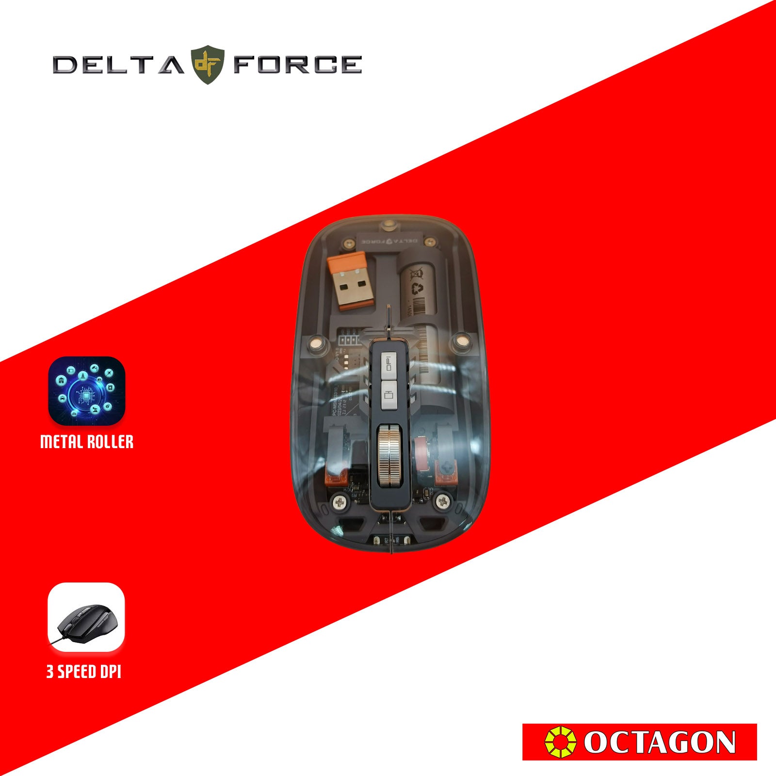 DELTA FORCE GWM233 BLACK 5BUTTON TRANSPARENT WIRELESS MOUSE 1600DPI