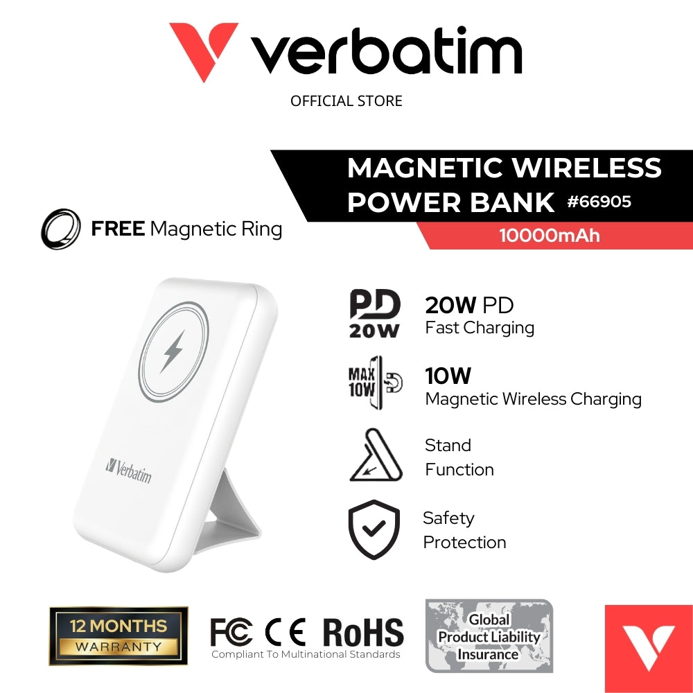 VERBATIM 66905 POWER PACK 10000MAH MAGNETIC WIRELESS CHARGING (WHITE)