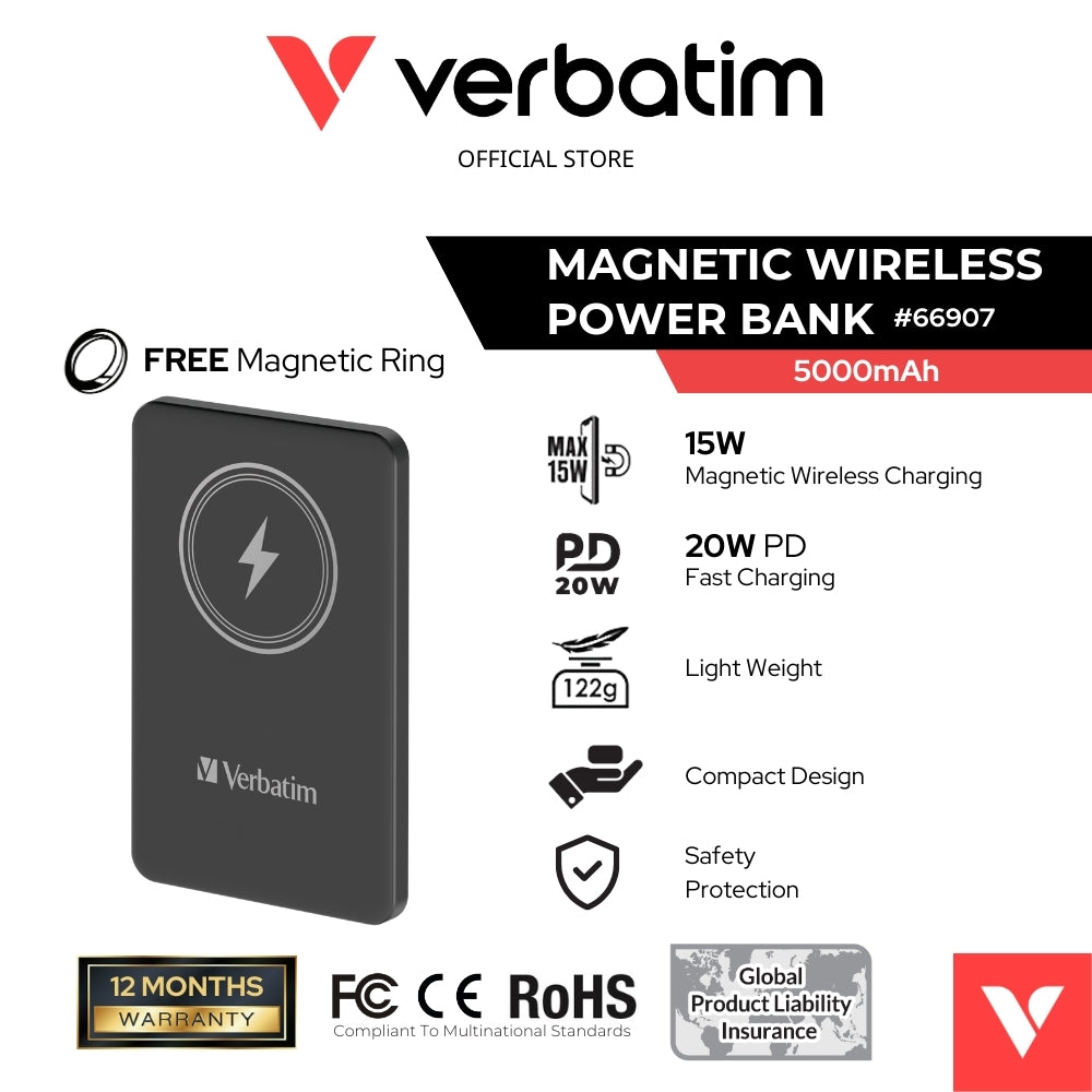 VERBATIM 66907 POWER PACK 5000MAH MAGNETIC WIRELESS CHARGING (BLACK)