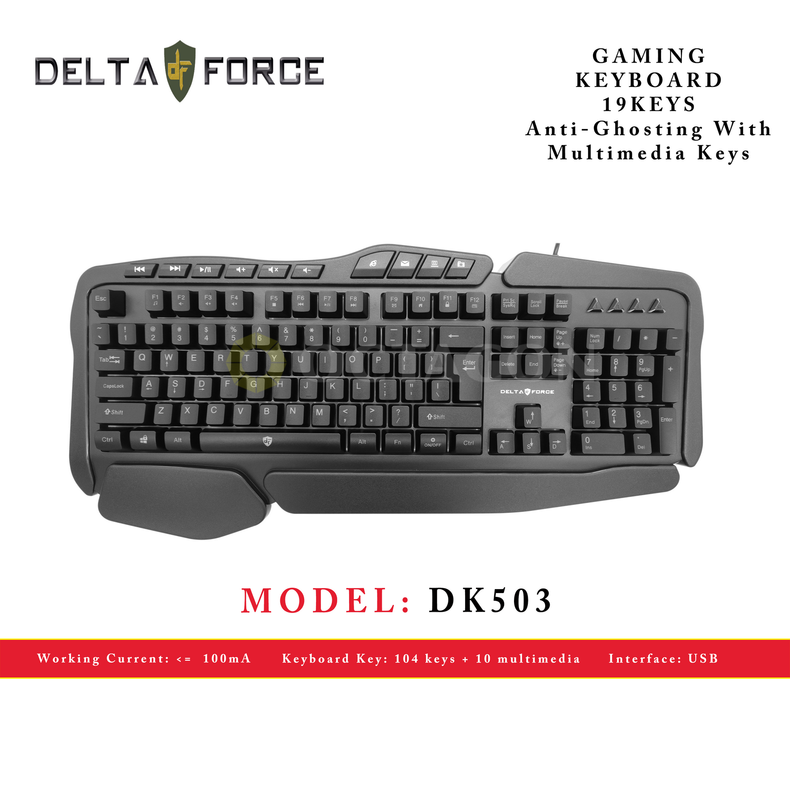 DELTA FORCE DK503 USB GAMING KEYBOARD RAINBOW 19 ANTI-GHOST KEYS